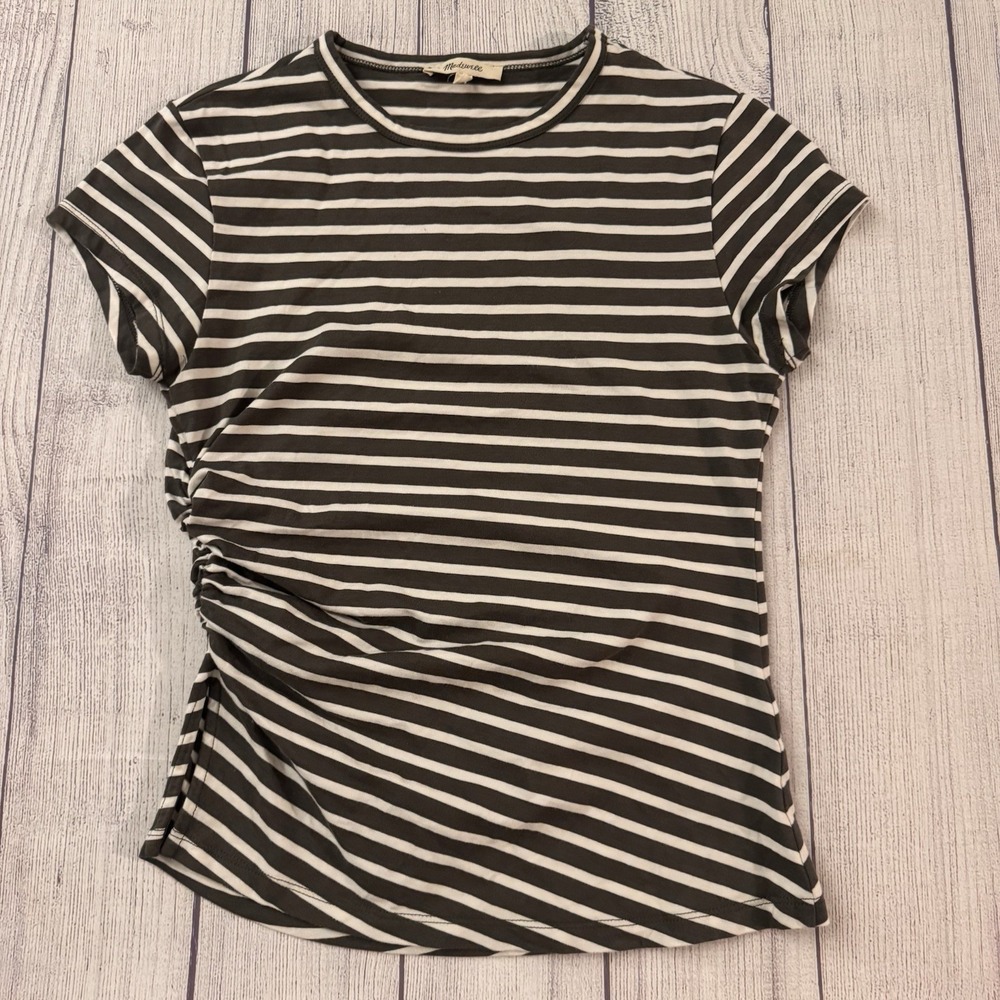 Madewell Asymmetric Ruched Tee Women's XS Pelican Green Striped Allday Jersey